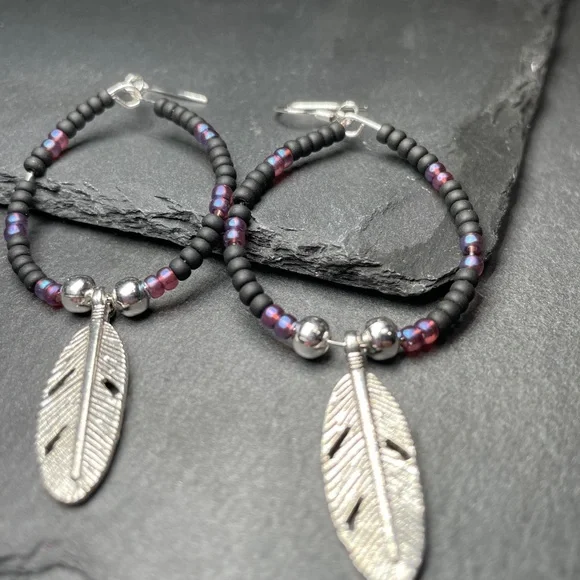 Black And Silver Feather Charms Beaded Hoop Earrings - Picture 7 of 12